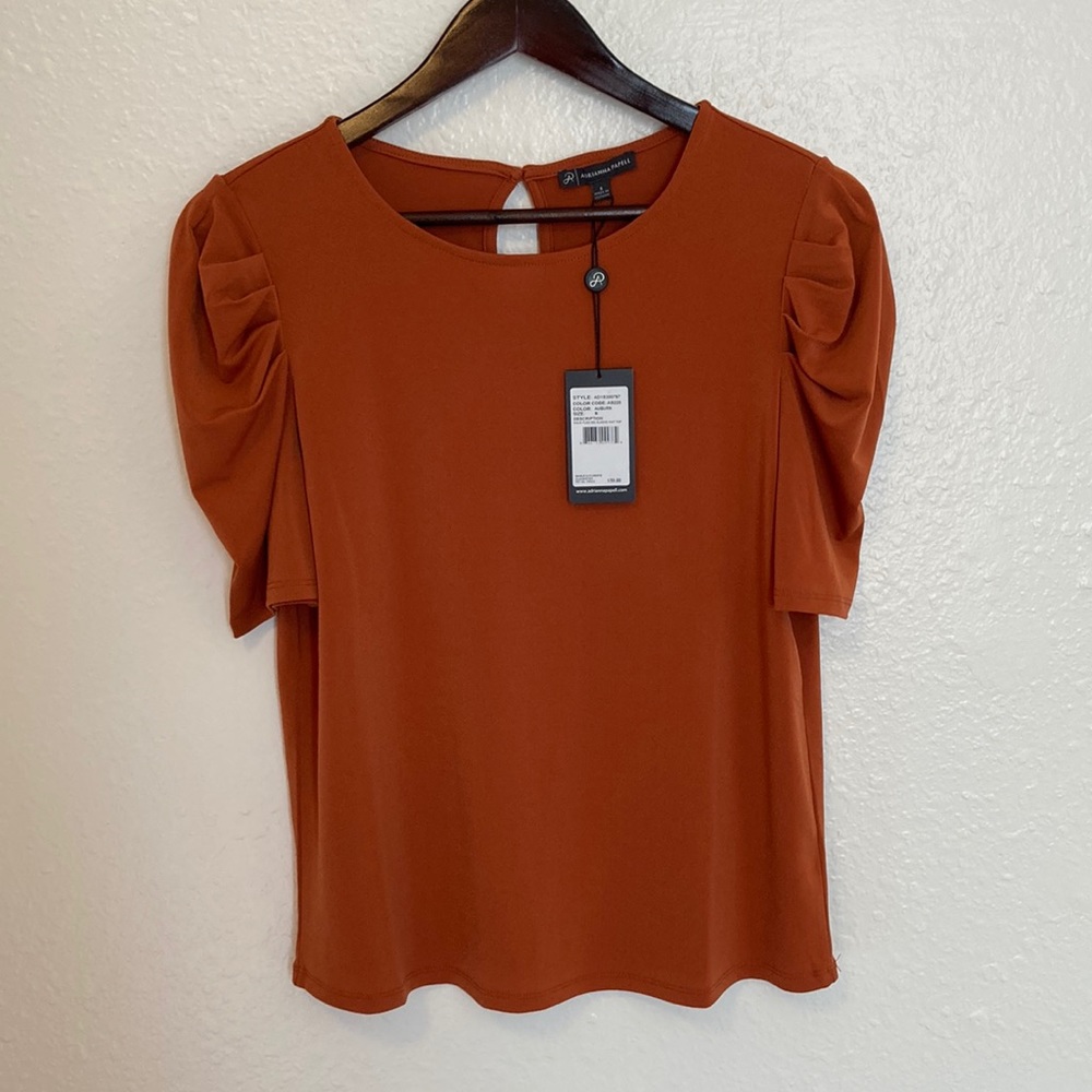 Burnt orange pleated sleeve blouse, size S. NWT